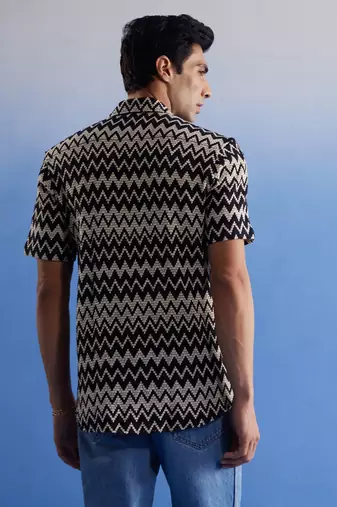 Beige And Black Cotton Blend Ethnic Shirt