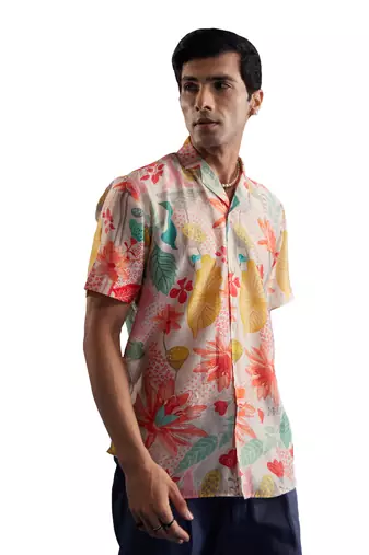 Men'S Multi Color Base Pink Cotton Blend Ethnic Shirt