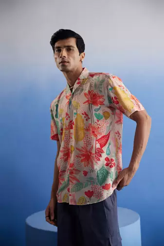 Multi Color Base Pink Cotton Blend Ethnic Shirt
