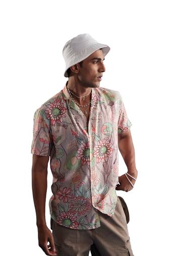 Men'S Multi Color Base Pink Cotton Blend Ethnic Shirt