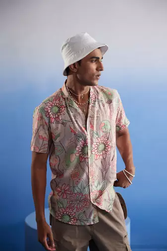 Multi Color Base Pink Cotton Blend Ethnic Shirt