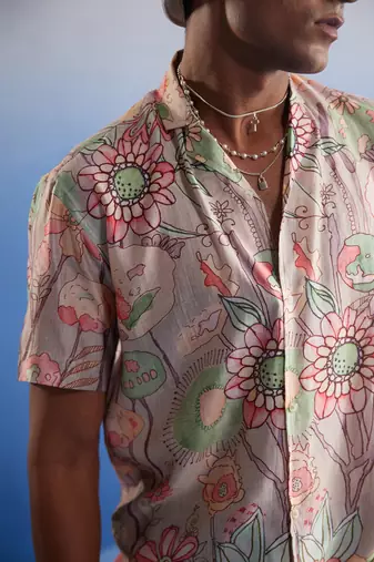 Multi Color Base Pink Cotton Blend Ethnic Shirt