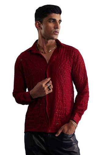 Men'S Maroon Georgette Ethnic Shirt
