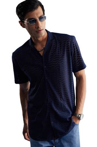Men'S Navy Blue Net Ethnic Shirt