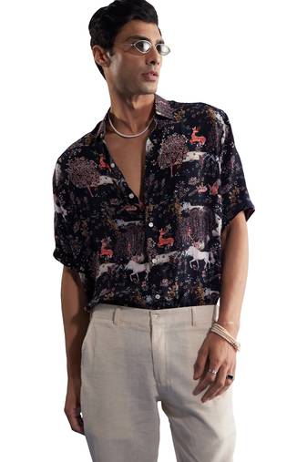 Men'S Black Cotton Blend Ethnic Shirt