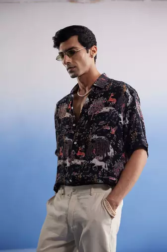 Black Cotton Blend Ethnic Shirt
