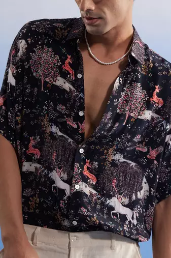 Black Cotton Blend Ethnic Shirt