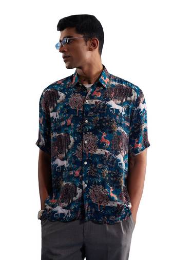 Men'S Turquoise Cotton Blend Ethnic Shirt