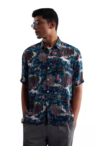 Men'S Turquoise Cotton Blend Ethnic Shirt