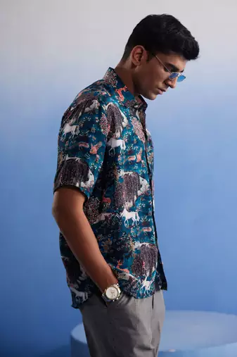 Turquoise Cotton Blend Ethnic Shirt