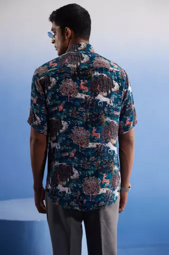 Turquoise Cotton Blend Ethnic Shirt