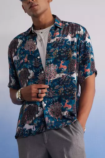 Turquoise Cotton Blend Ethnic Shirt