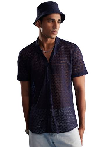 Men'S Blue Net Ethnic Shirt