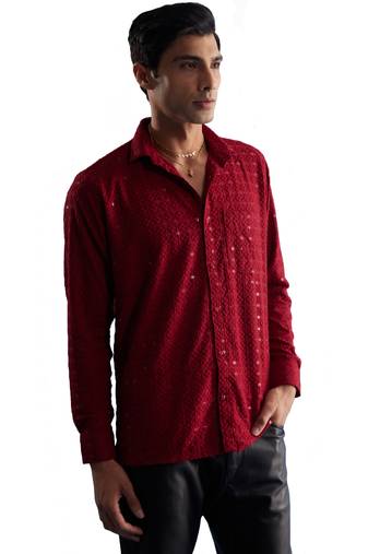 Men'S Maroon Rayon Ethnic Shirt