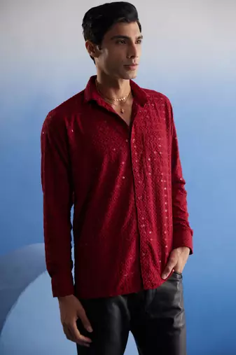 Maroon Rayon Ethnic Shirt