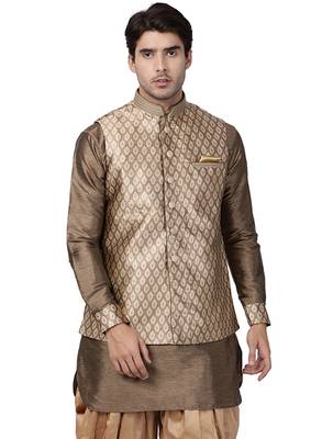Men'S Gold Silk Blend Nehru Jacket 1
