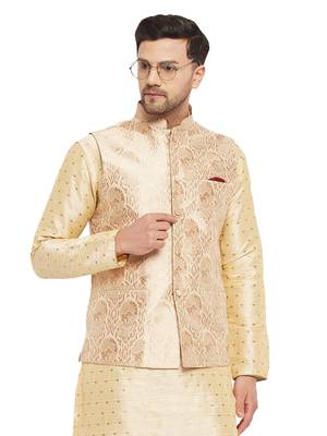 Gold Silk Blend Woven Work Nehru Jacket for Mens 1