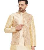 Gold Silk Blend Woven Work Nehru Jacket for Mens