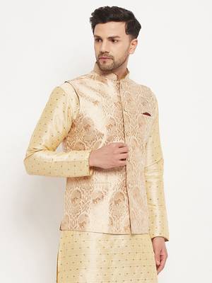 Gold Silk Blend Woven Work Nehru Jacket for Mens 2