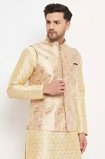 Gold Silk Blend Woven Work Nehru Jacket for Mens