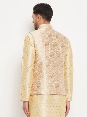 Gold Silk Blend Woven Work Nehru Jacket for Mens 3