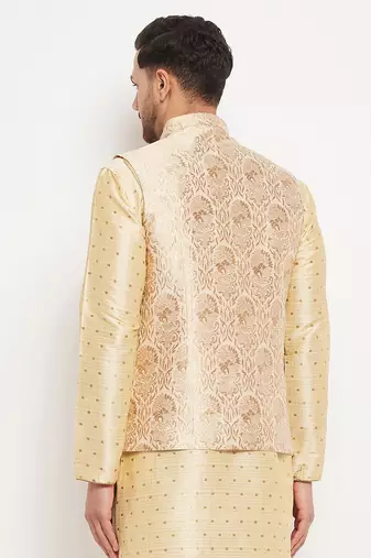 Gold Silk Blend Woven Work Nehru Jacket for Mens