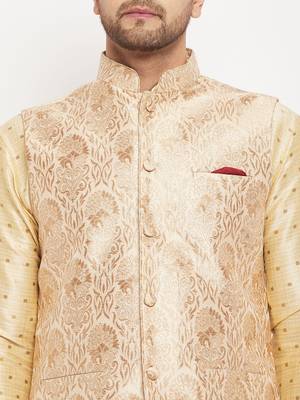 Gold Silk Blend Woven Work Nehru Jacket for Mens 4