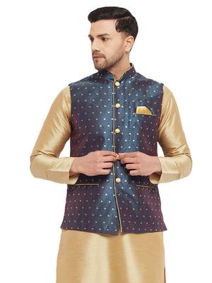 Navy Blue Silk Blend Nehru Jacket 1