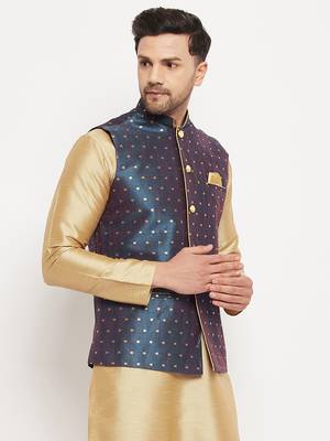 Navy Blue Silk Blend Nehru Jacket 2