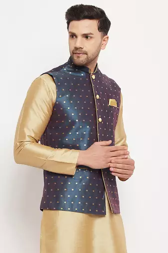 Navy Blue Silk Blend Nehru Jacket