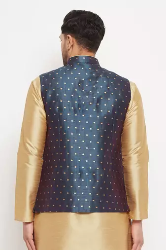 Navy Blue Silk Blend Nehru Jacket