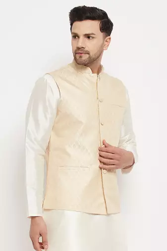 White Silk Blend Nehru Jacket