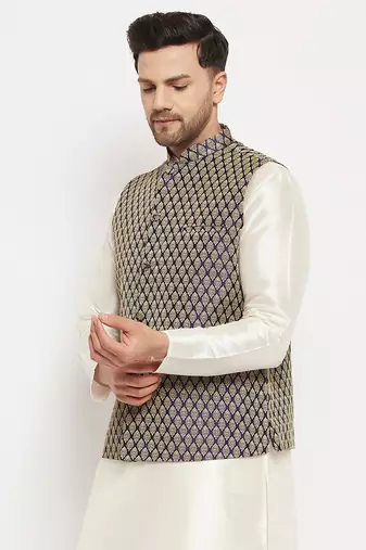 Blue Silk Blend Nehru Jacket