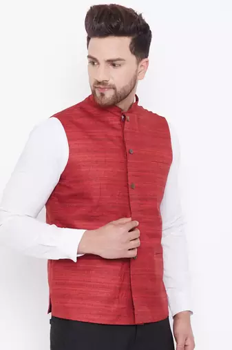 Maroon Silk Blend Nehru Jacket