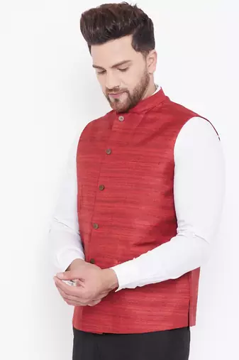 Maroon Silk Blend Nehru Jacket