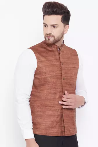 Coffee Brown Silk Blend Nehru Jacket