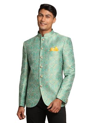 Green Silk Blend Brocade Mens' Jodhpuri Coat 1