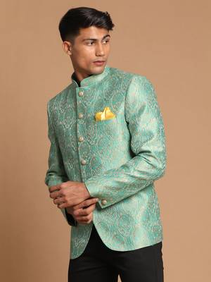 Green Silk Blend Brocade Mens' Jodhpuri Coat 2