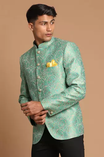 Green Silk Blend Brocade Mens' Jodhpuri Coat