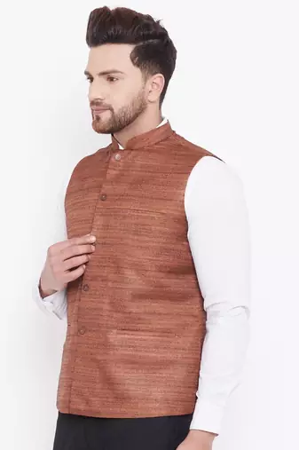 Coffee Brown Silk Blend Nehru Jacket