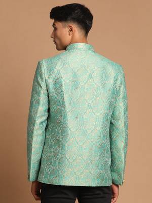 Green Silk Blend Brocade Mens' Jodhpuri Coat 3