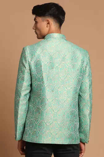 Green Silk Blend Brocade Mens' Jodhpuri Coat