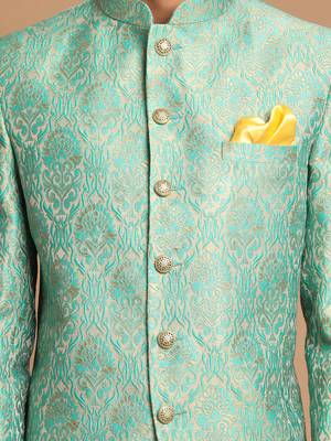 Green Silk Blend Brocade Mens' Jodhpuri Coat 4