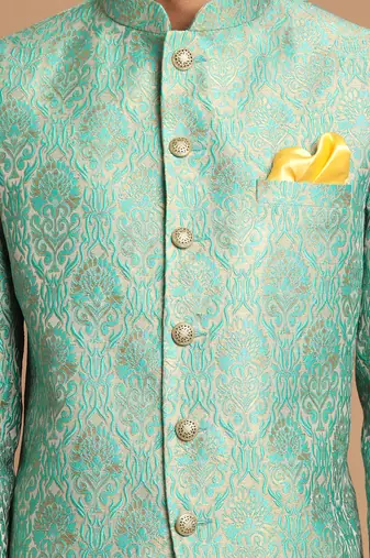 Green Silk Blend Brocade Mens' Jodhpuri Coat