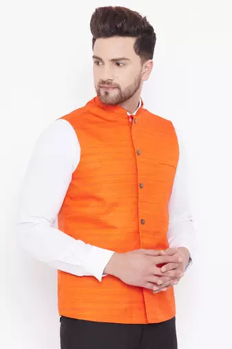 Orange Silk Blend Nehru Jacket