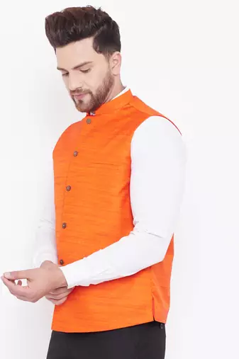 Orange Silk Blend Nehru Jacket