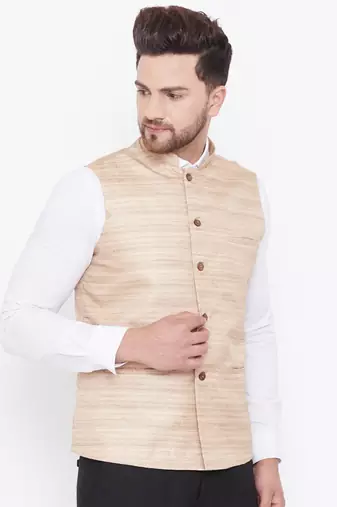 Beige Silk Blend Nehru Jacket