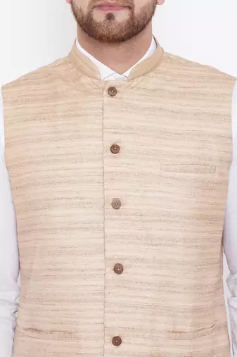 Beige Silk Blend Nehru Jacket