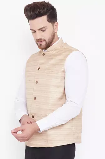 Beige Silk Blend Nehru Jacket