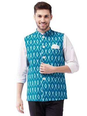Men'S Turquoise Cotton Nehru Jacket 1